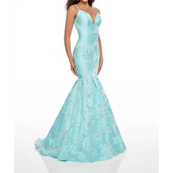 NEW RACHEL ALLAN floral jacquard mermaid prom gown in aqua